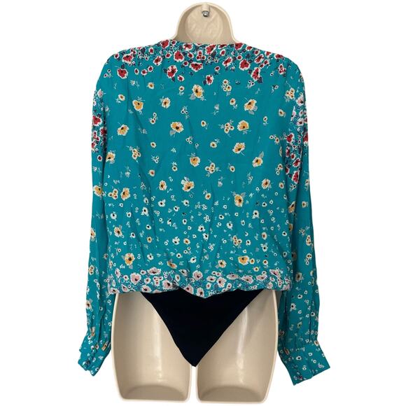Nicole Miller Womens V Front Blouson Bodysuit in Turquoise Floral Size S - Picture 2 of 8